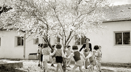 קבוצת אורן מסביב לשקדיה, 1947. צילום: אשר בנארי, הזורע 